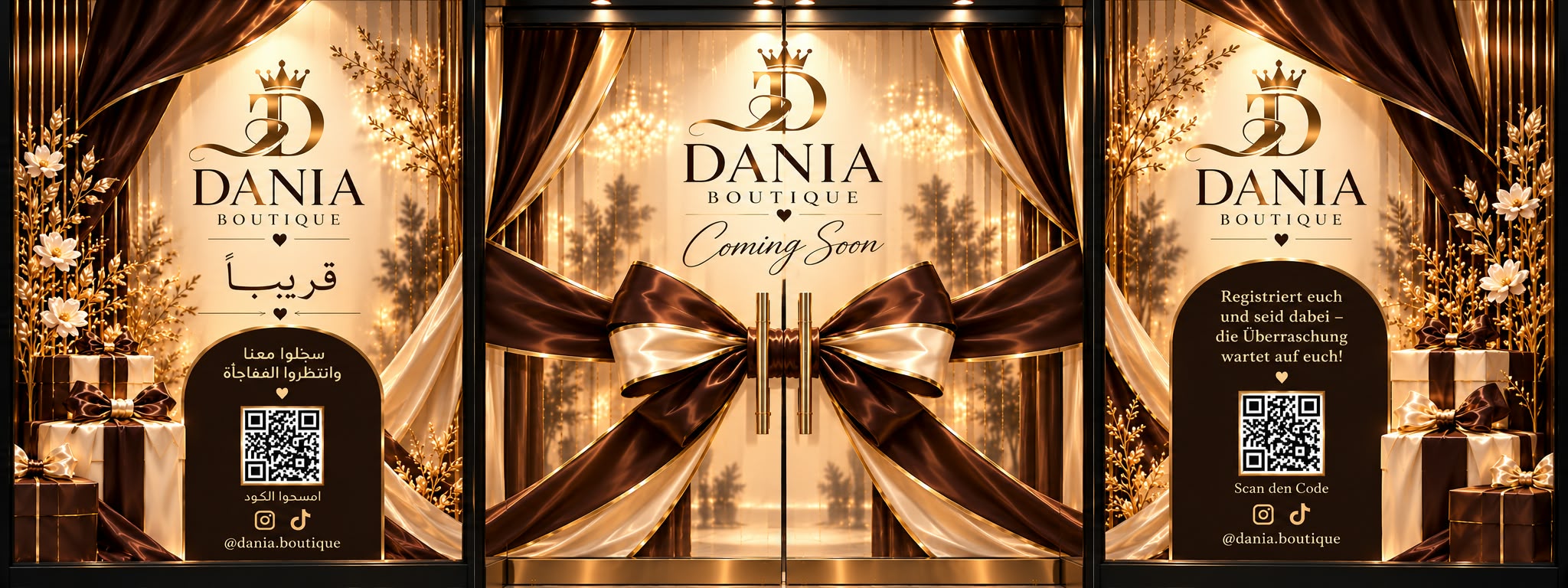 Die goldene Ladenfront von Dania Boutique mit einer Schleife
